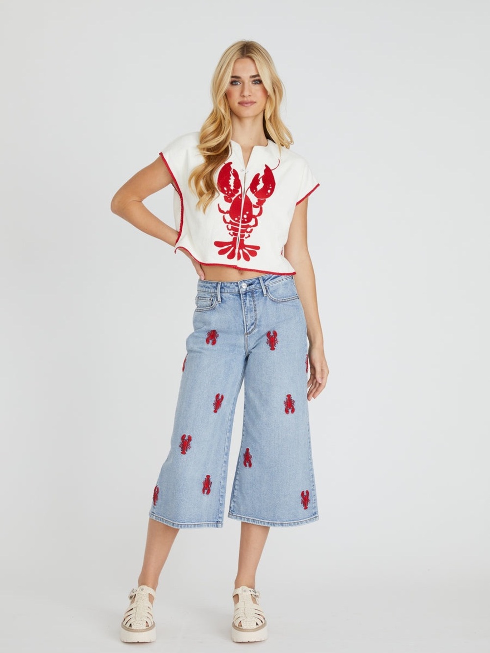 DRIFTWOOD Light Blue Wide-Leg Cropped Jeans with Red lobster Embroidery